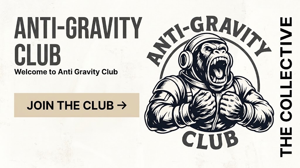 Anti-Gravity Club banner featuring astronaut gorilla illustration and calisthenics training apparel branding